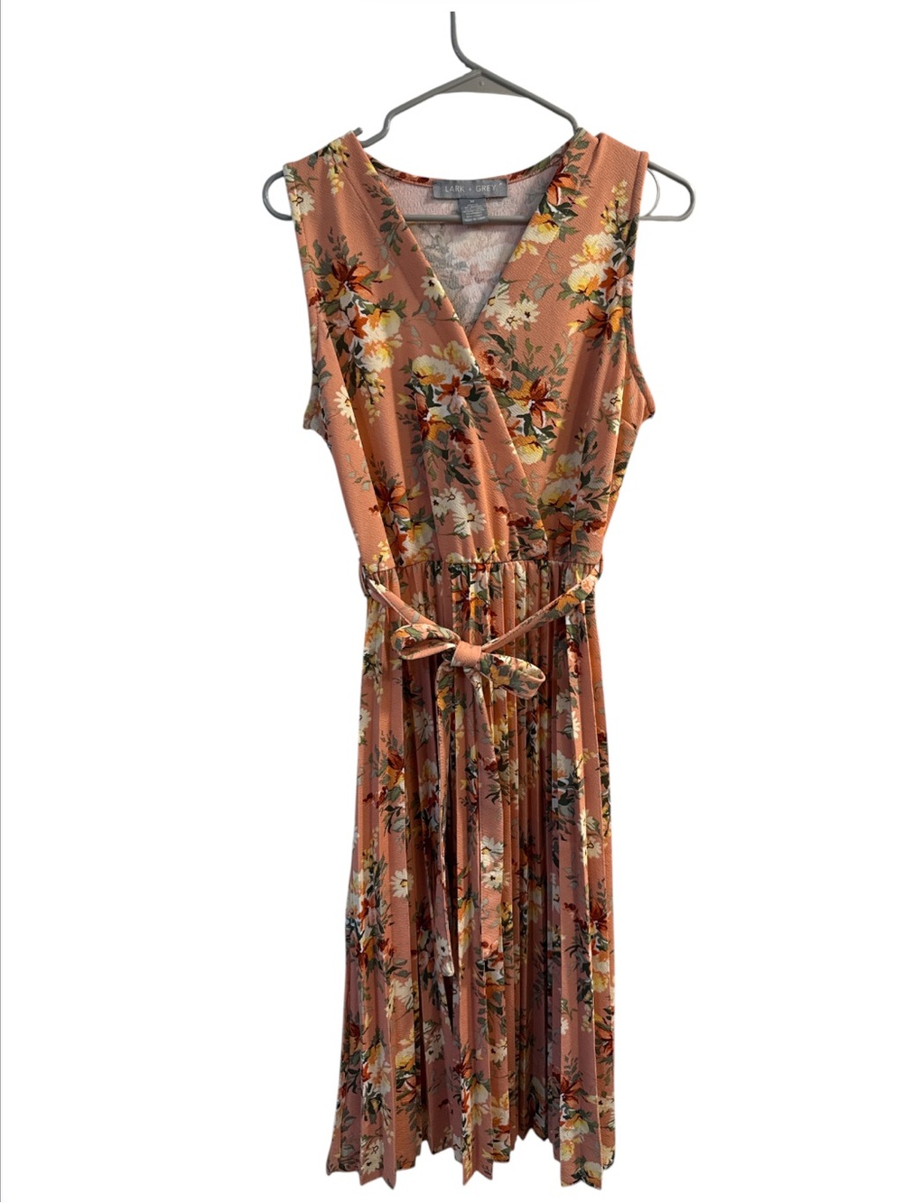 Sleeveless Peach Floral Faux-Wrap Midi Dress with Tie